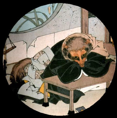 A portion of a nineteenth-century Japanese print illustrating a popular legend about a tanuki shapeshifter who was given his own room in a temple. The artist is Tsukioka Yoshitoshi (1839-1892). This illustration is so old its copyright has expired, so it is in the public domain.