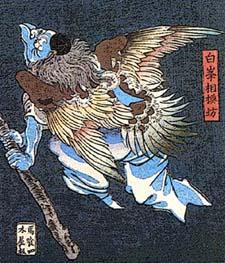 This corner of a traditional print from the 19th century shows a typical tengu. The artist is Tsukioka Yoshitoshi (1839-1892). The illustration is old enough to be in the public domain.