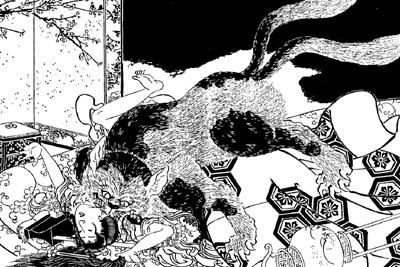 This traditional Japanese print is old enough that it is in the public domain. It shows the vampire cat of Nabeshima killing the girlfriend of the prince of Hizen.