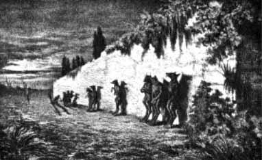 This artwork shows the lupins of French legend waiting outside a walled cemetary. It is not the Lithuanian werewolves at the leaping wall, as it is commonly mislabeled. Original by Maurice Sand first appeared in an 1858 book, and thus it is in the public domain.